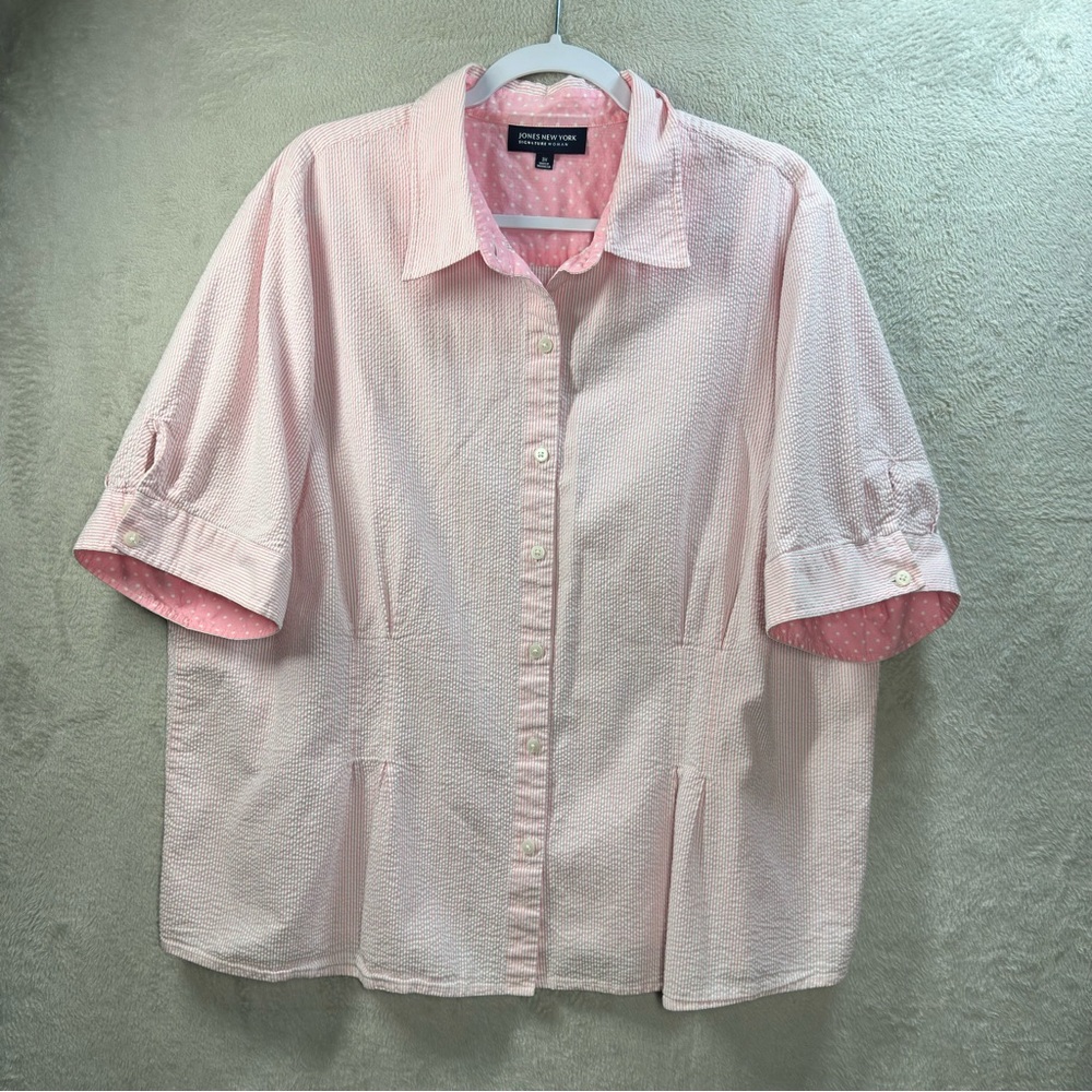 Jones New York Signature Blouse‎ Size 3X Pink Stripe Button Up Seersucker